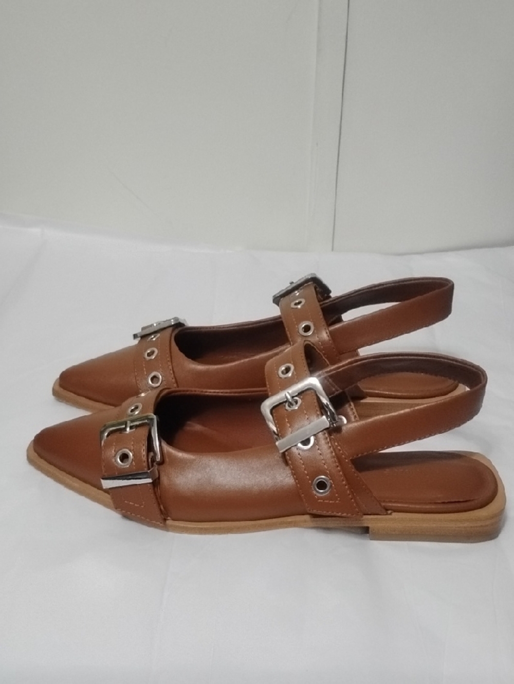 Quince Tan Pointed-Toe Buckle Flats with Eyelet Straps - Picture 4 of 9